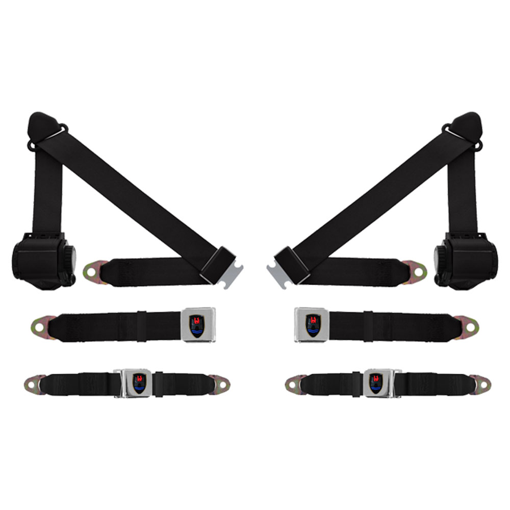 3 Point Retractable Lap & Shoulder Belt Kit - Rear Lap Belts - Chrome Lift Latch - Select Color