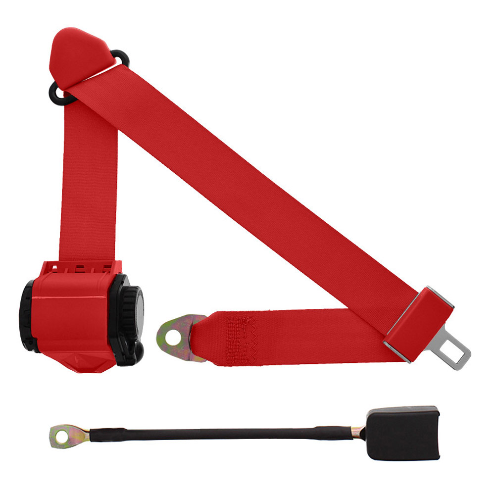 3 Point Retractable Lap & Shoulder Belt - Push Button Latch - with Hardware - Red