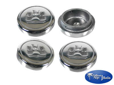 BILLET ALUMINUM WOLFSBURG CENTER CAPS, FIT EMPI STYLE 5 LUG WHEELS, SET OF 4