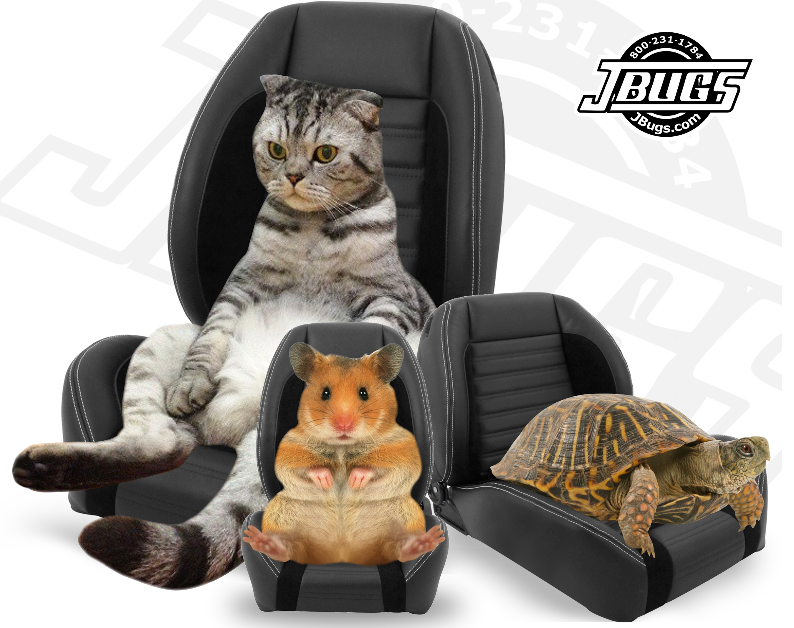 Morris in Cat Sports Seat (PN#AF-004). Boxy in Turtle Sports Seat (PN#AF-012). Harold in Hamster Sports Seat (PN#AF-008).