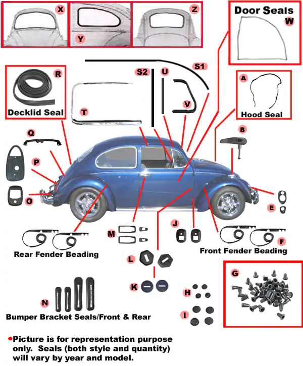 1972 VW Super Beetle Sedan or Sunroof Complete Car Rubber Kit ...