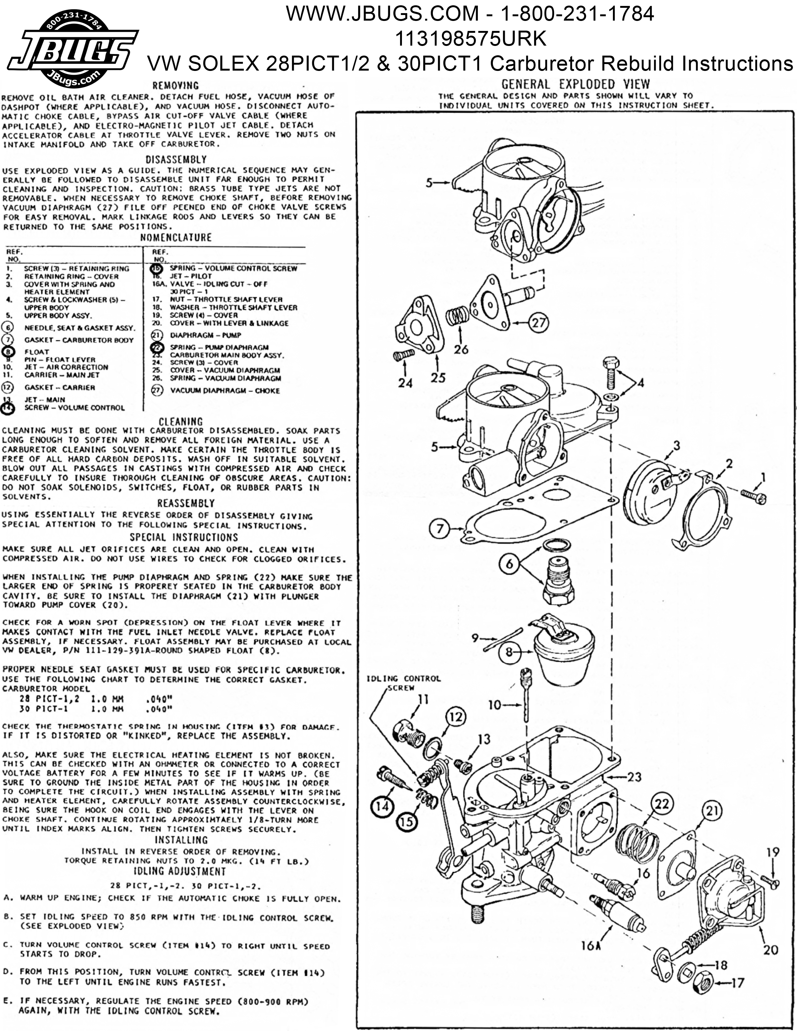 RADKE VW SOLEX CARB REBUILD KIT, VW BUG / BEETLE 28 PICT-34-3 113