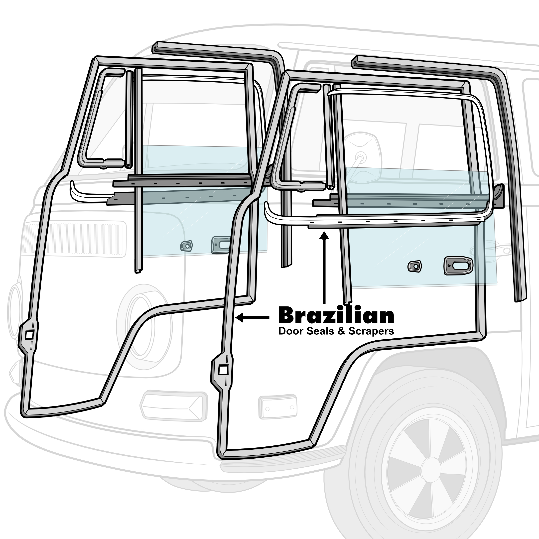 1968-79 VW Bus Door Rubber Kit - Brazilian Door Seals & Scrapers - Covers Both Doors