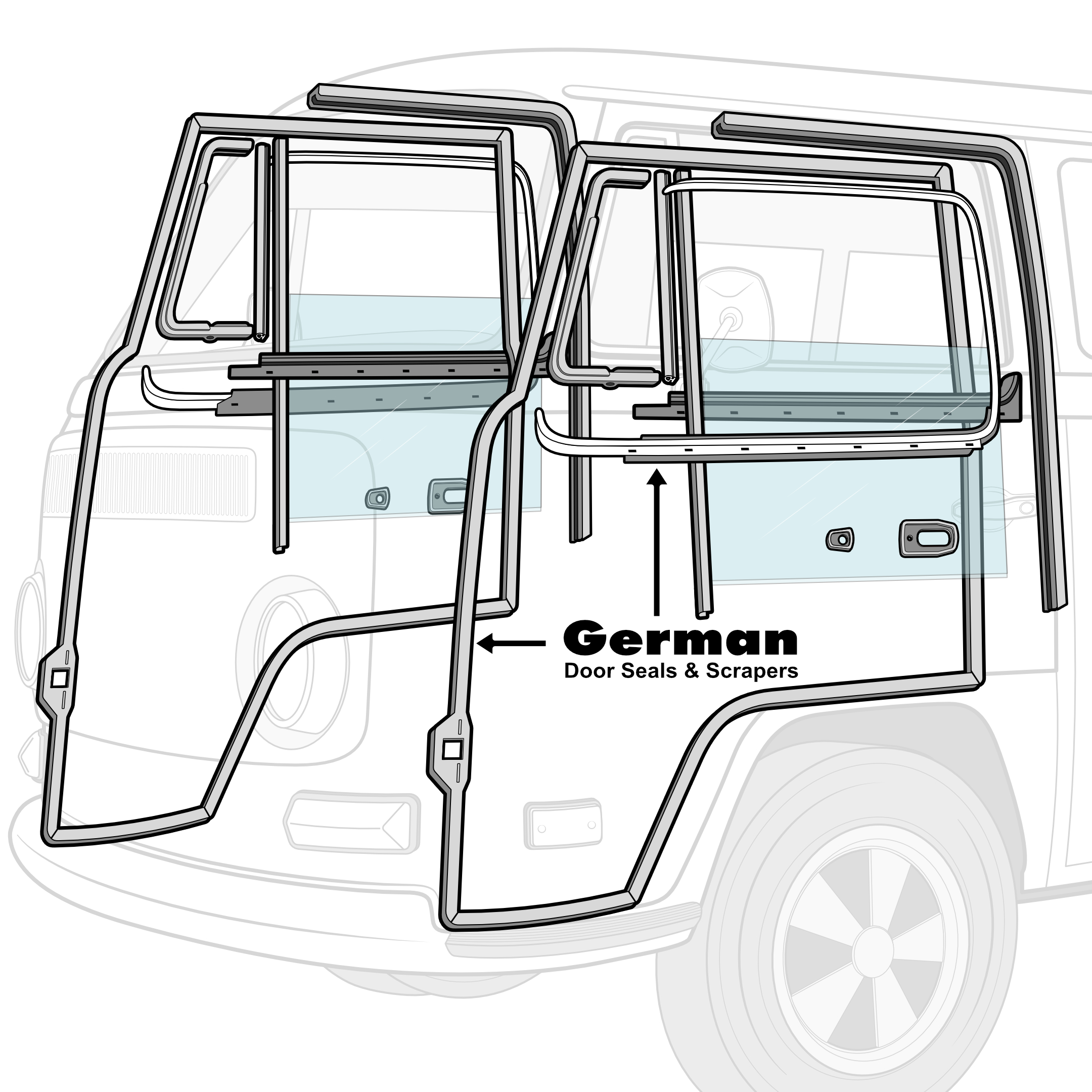1968-79 VW Bus Door Rubber Kit - German Door Seals & Scrapers - Fits Both Doors
