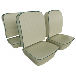 Closeout: 1956-57 Beetle Front & Rear Seat Upholstery, Cream White w/ Dark Green Piping