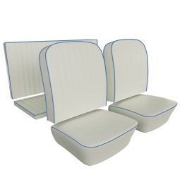 Closeout: 1969-71 Karmann Ghia Seat Upholstery -  Bright White Smooth w/ Water Blue Piping