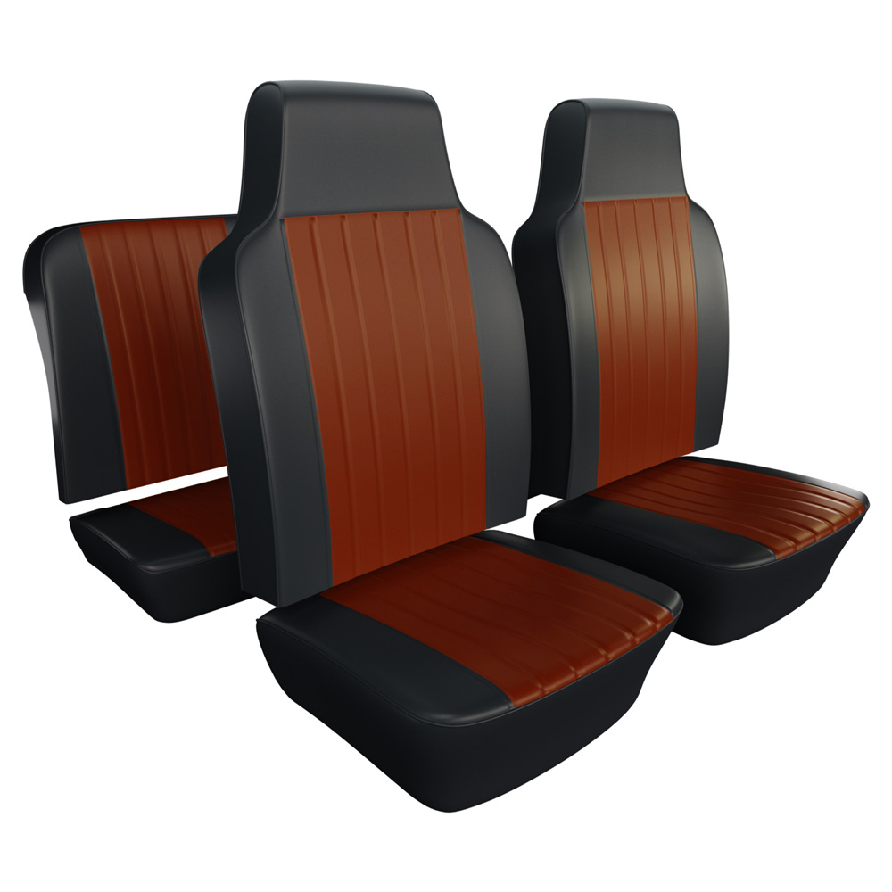 Closeout: 1968-69 Beetle Seat Upholstery, Charcoal Vinyl, Brick Red Insert