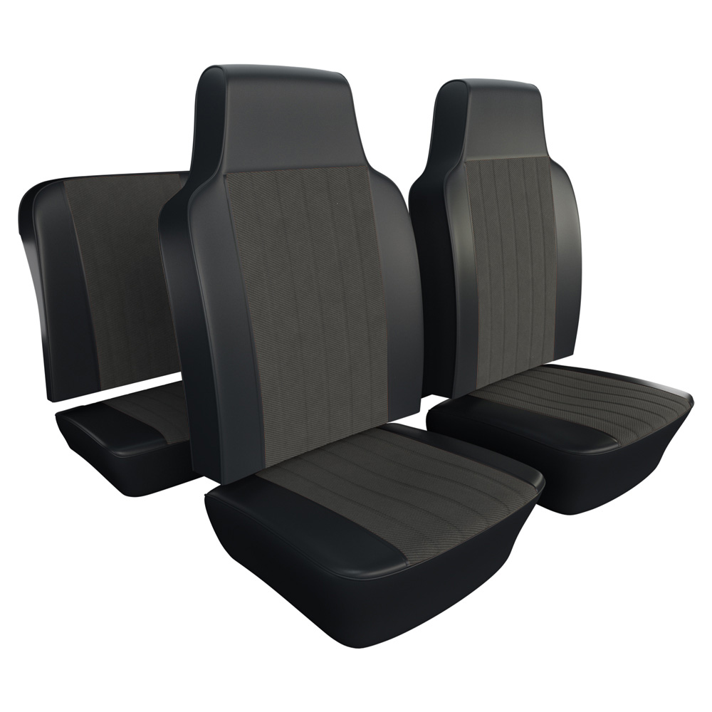 Closeout: 1968-169 Beetle Seat Upholstery, Charcoal Vinyl w Lt Grey Tweed Insert