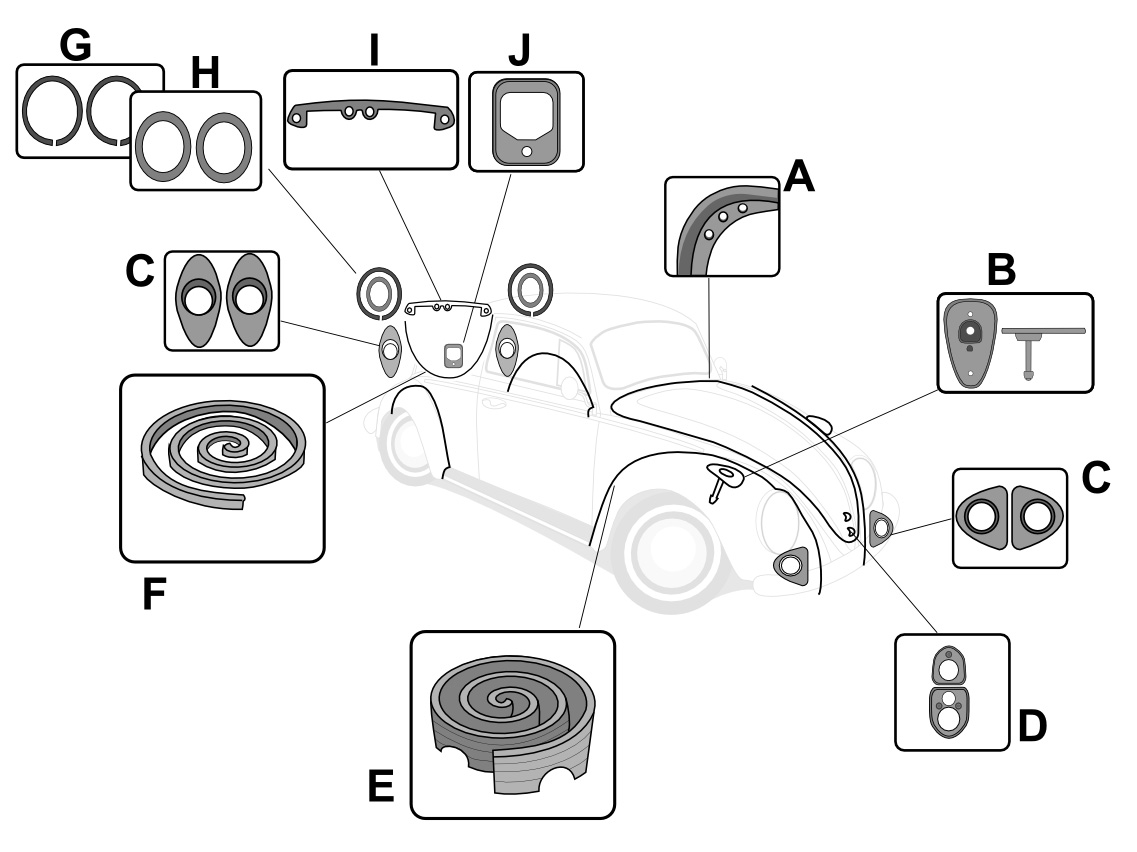 1974 VW Super Beetle Body Rubber Seal Kit - Sedan or Convertible