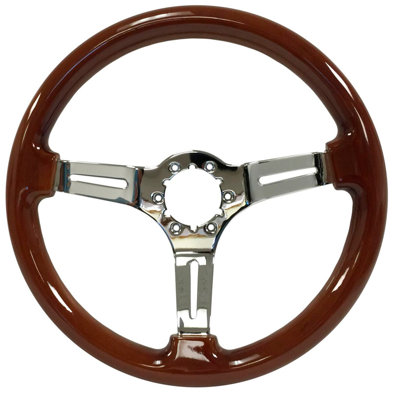 Volante S6 VW 14" Steering Wheel - Mahogany Wood Grip - Chrome 3 Split Spoke Center