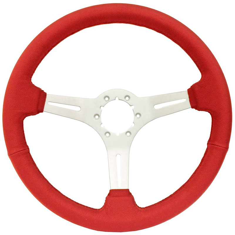 Volante S6 VW 14" Steering Wheel - Red Leather Grip - Silver 3 Split Spoke Center