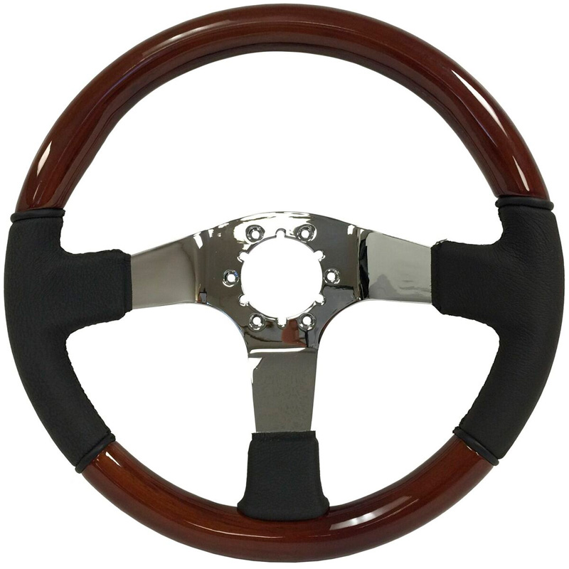 Volante S6 VW 14" Steering Wheel - Mahogany Wood & Black Leather Grip - Chrome 3 Spoke Center