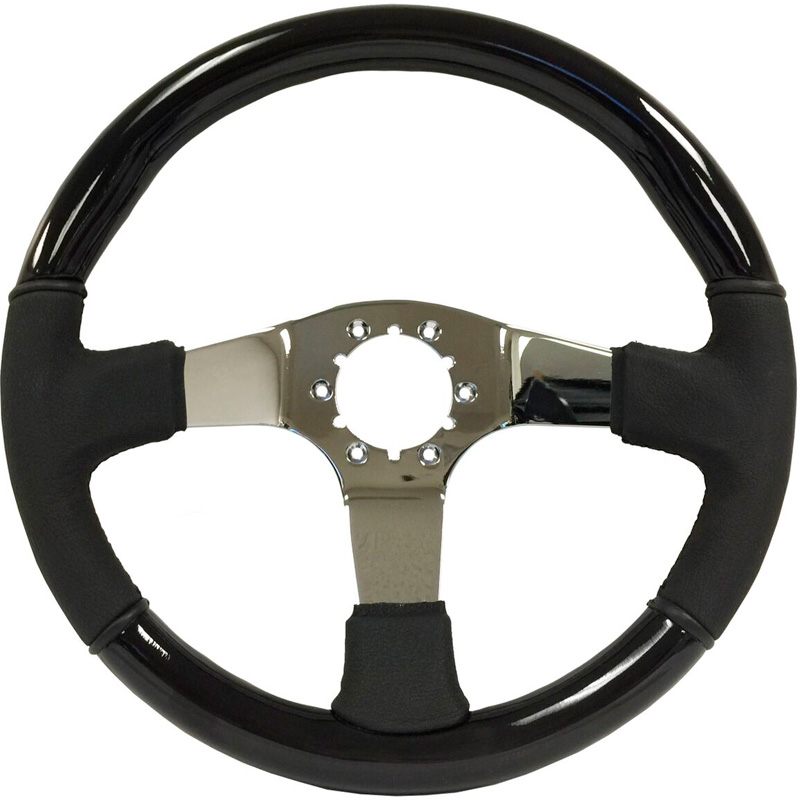 Volante S6 VW 14" Steering Wheel - Black Ash Wood & Black Leather Grip - Chrome 3 Spoke Center