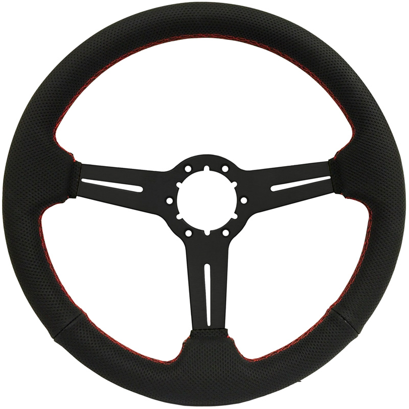 Volante S6 VW 14" Steering Wheel - Black Perforated Leather w/Red Stiched Grip - Black 3 Split Spoke