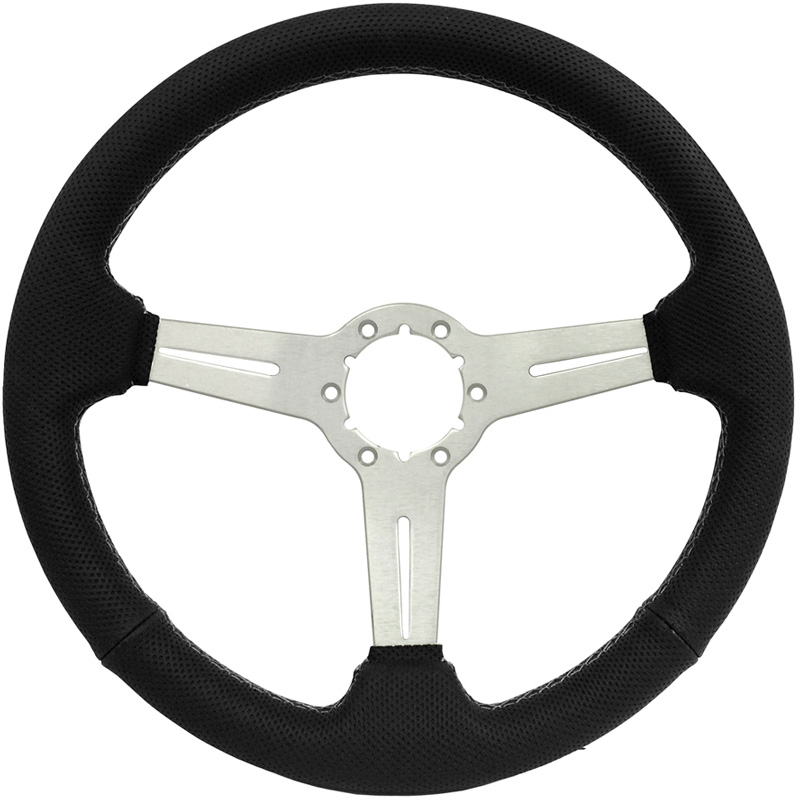Volante S6 VW 14" Steering Wheel - Black Perforated Leather Grip - Silver 3 Split Spoke Center