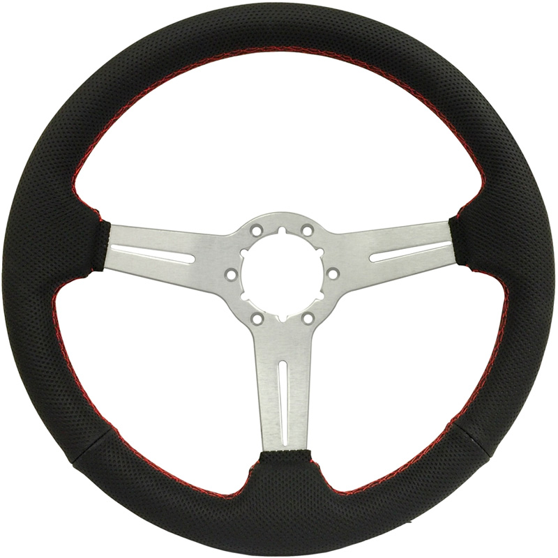 Volante S6 VW 14" Steering Wheel - Black Perforated Leather w/Red Stiched Grip - Black 3 Split Spoke