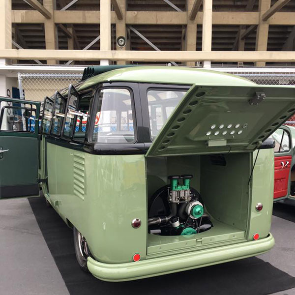 Two-tone barndoor bus with custom wheels