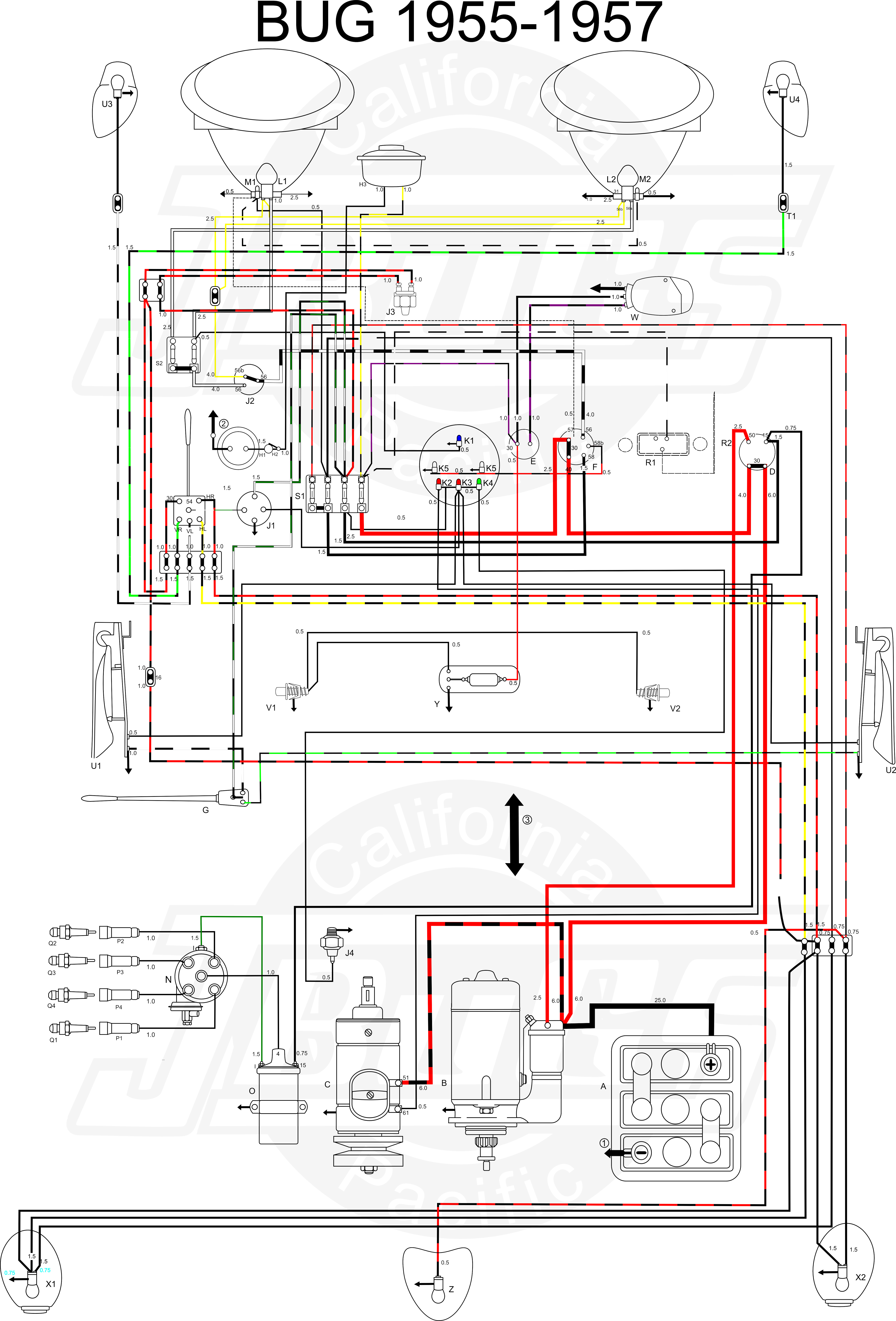 VW Tech Article 1955-57 Wiring Diagram 73 vw bug coil wiring diagram 