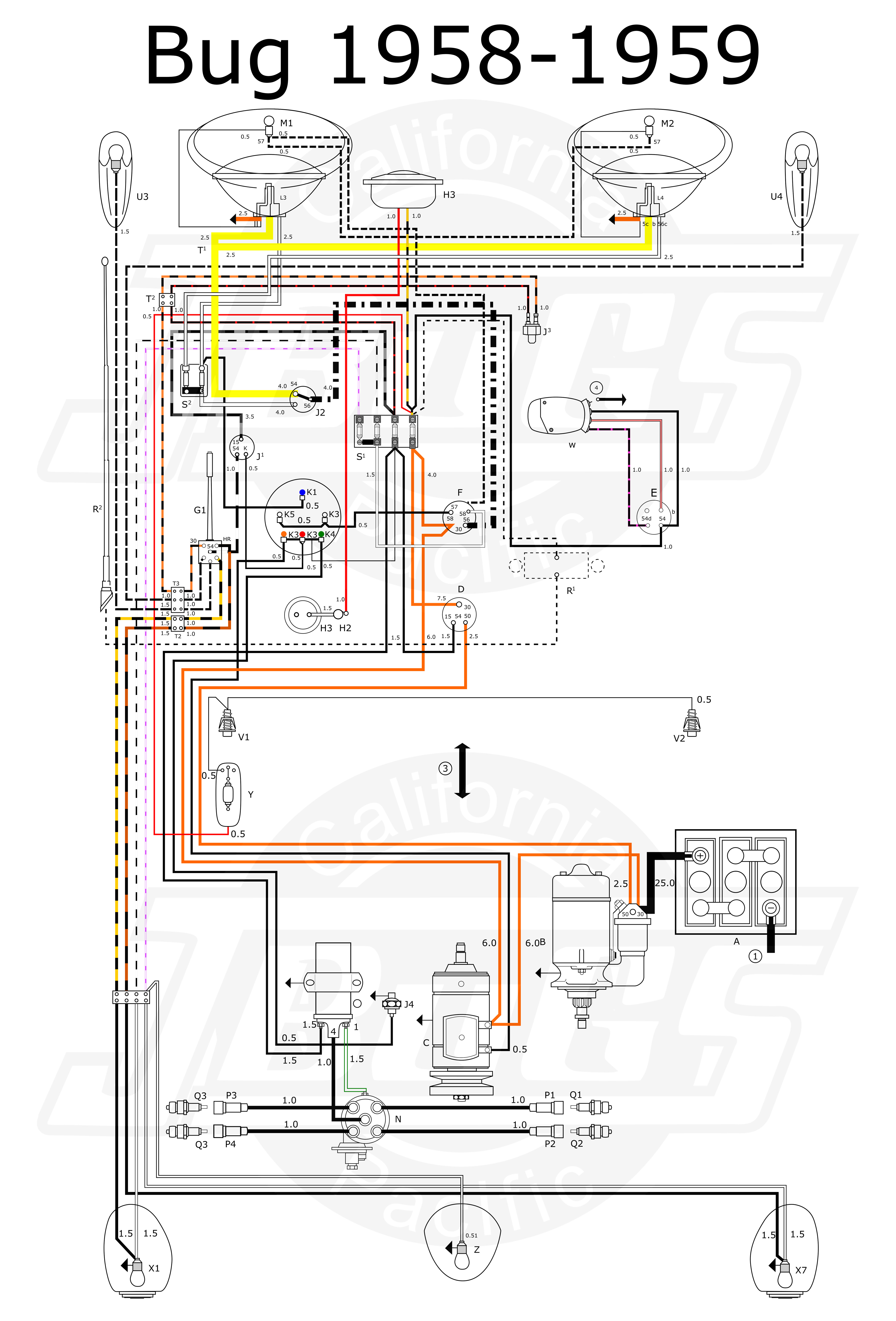 VW Tech Article 1958-59 Wiring Diagram  Electrical Wiring Diagram 1963 Vw Beetle Standard    JBugs